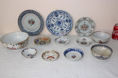 12 Pieces of 18th and 19th C. Oriental: 12 pieces of 18th and 19th C. oriental. Everything has damage, some hairlines, roughness on the edge, etc. marked Yongzheng 1723-35, Qianlong 1736-95, Lang 1760, etc.