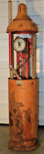 Early Wayne's Curbside Clockface Gas Pump: Early Wayne's Curbside clockface gas pump, all mechanicals turn, sleeve goes up and down. Has original lettering visible, some surface rust but in nice solid condition. Serial #268812. 17" wide, 82"