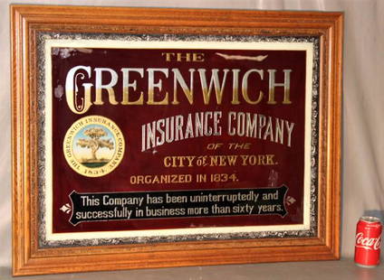 Fabulous Reversed Painted Advertising Sign: Fabulous reversed painted advertising sign in nice condition. Little crackling of paint on the edge in the original oak frame. Marked J. W. Russell & Co. NY C. 1890's-1910. 34" wide, 26" tall.