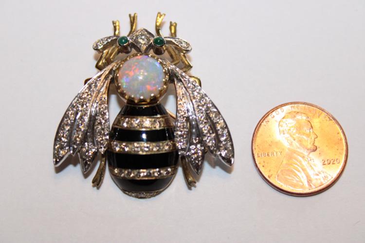 Incredible Large Gold, Diamond, Opal, Black Onyx Pin: Incredible large gold, diamond, opal, black onyx pin from a CT estate.
