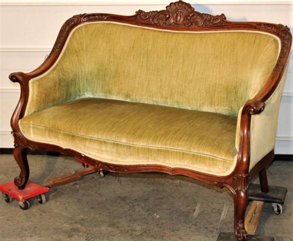 Super Victorian Horner Quality Loveseat: Super Victorian loveseat with deeply carved crest scroll feet with nice upholstery. Very tight, no breaks. 51" wide, 36" tall, 24" deep.