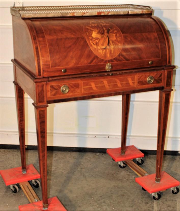 Vintage Antique French Marquetry Inlaid Cylinder Desk: Vintage antique French marquetry inlaid cylinder desk has phype and mandolin inlaid cylinder with marble top and brass gallery in nice condition. 32" wide, 40" tall, 20" deep.