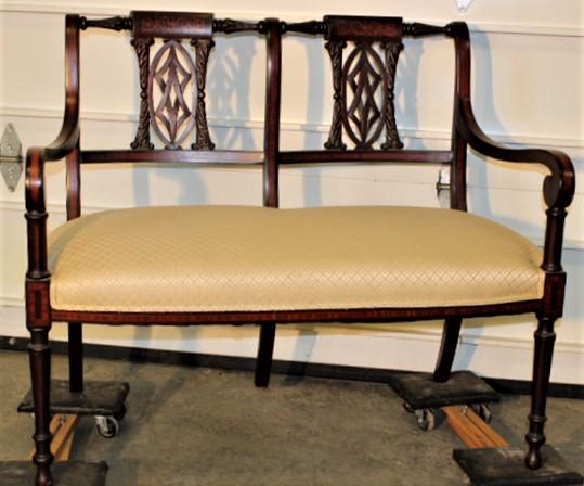 Quality Satin Wood Inlaid Victorian Settee: Quality satin wood inlaid Victorian settee with pierced carved backs. 41" wide, 35" tall, 23" deep.