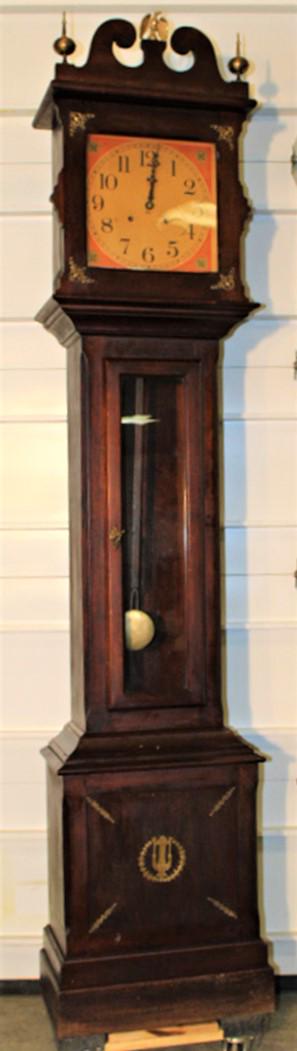 Nice Mahogany Ithaca Grandfather Clock: Nice mahogany Ithaca grandfather clock with pendulum and key. Springs all good, been running. 18" wide, 86" tall, 10" deep.