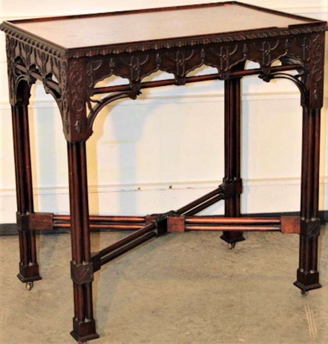 Chinese Chippendale Lamp Table: Chinese Chippendale lamp table in mahogany. Nice original finish, has a small chip on the edge (see photo). 28" wide, 30" tall, 19" deep.