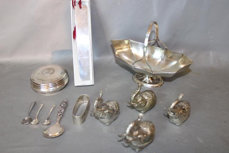 Nice Group of Sterling Silver: Nice group of sterling silver. Spoons, 830-cover box is 900 silver, the 4 elephants are like small pill boxes (neat). 13.25 troy oz.