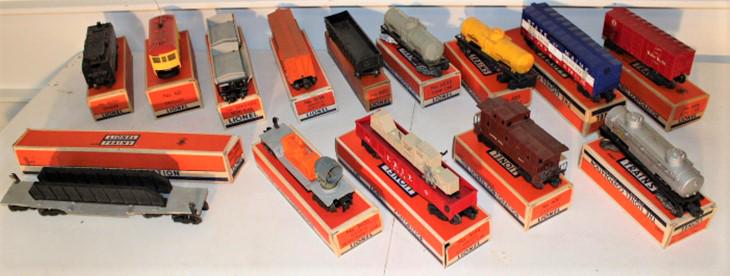15 Lionel Train Cars in Original Boxes: 15 Lionel train cars in original boxes, all in great condition. From 1-50 year collection. #6026T, 60, 6464-650, 3656, 6012, 6035, 6015, 3494-275, 6014, 6418, 3620, 3444, 6017, 6465.
