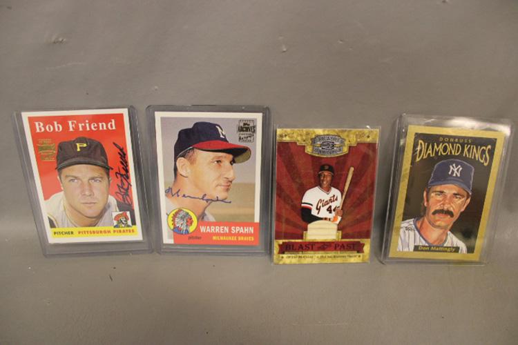 4 Baseball Cards Some Signed: 4 baseball cards, some signed including 2 Topps certified autograph issue of Bob Friend and Warren Spahn, Willie McCovey limited with a sliver of wood from his bat, Don Russ (Don Mattingly).