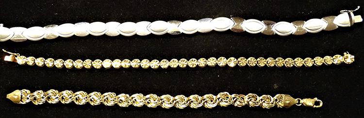 (3) 14k Bracelets: (3) 14k bracelets. 15.1 DWT. (1) 7" white gold, (1) 7" yellow gold, (1) 6".