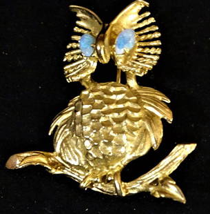 Exceptional 14k Gold Owl with Opal Eyes: Exceptional 14k gold owl with opal eyes, very detailed and signed. Approx. 1 3/8" long.