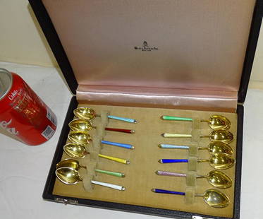 Wonderful Set of 12 Georg Jenson Spoons with Enameled: Wonderful set of 12 Georg Jensen spoons with enameled ends. 4" long with a gold wash in the original case.