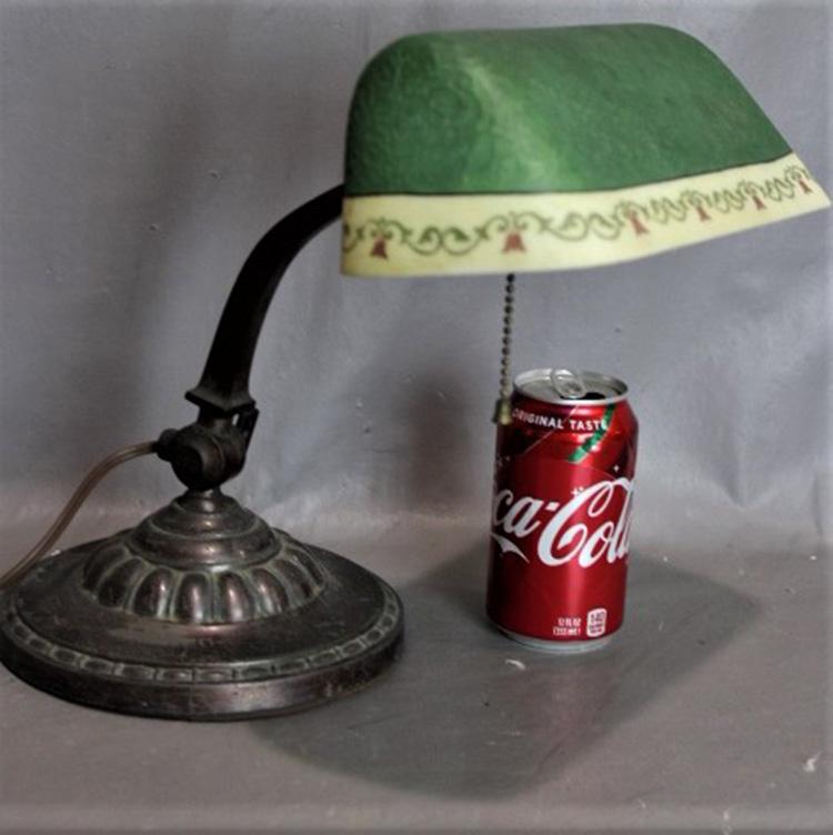 Super Amronlite Desk Lamp with Cased Chipped Ice Shade: Super Amronlite desk lamp with cased chipped ice shade in nice condition, 2 tone in double knuckle. 9" wide, 12" tall, 14" deep.