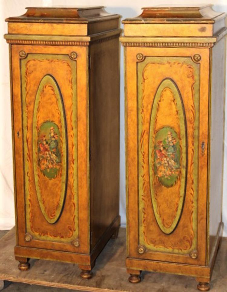 Pair of Paint Decorated 13" Side Cabinets: Pair of paint decorated 13" side cabinets with faux marble tops. 13" wide, 43" tall, 18" deep.