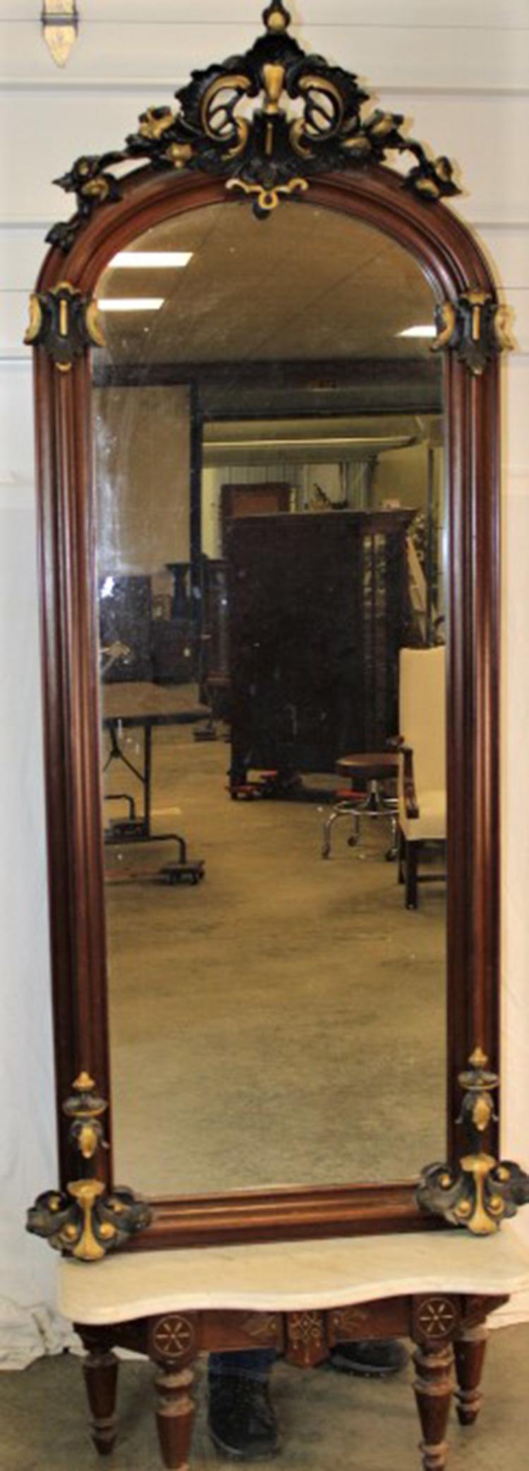 Nice Walnut Marble Top Victorian Pier Mirror: Nice walnut marble top Victorian pier mirror with gold accents. Marble replaced with a nice antique marble. 32" wide, 98" tall, 12" deep.