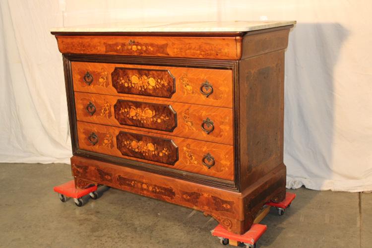 Marquetry Inlaid Marble Top Dresser: Marquetry inlaid marble top dresser. Great look but not antique, has crack in the marble (see photo). 51" wide, 39" tall, 22" deep.