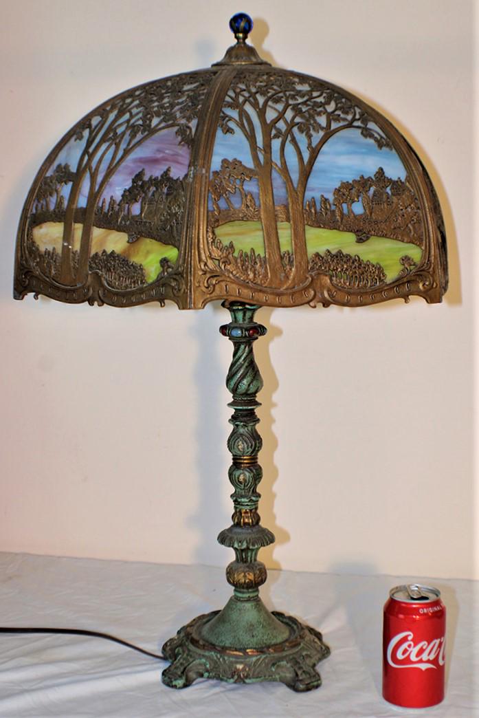 Large 18" Scenic Panel Lamp with Green and Blue Slag (1 of 4)