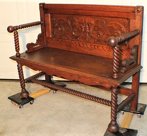 Great Oak Bench with Northwind Head Back: Great oak bench with Northwind head back, rope twist arms and legs in original finish. 46" wide, 36" tall, 18" deep.