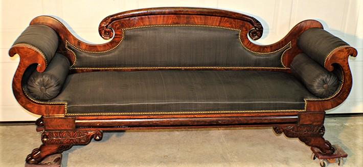 Outstanding Period Federal Pillow Arm Sofa: Outstanding period federal pillow arm sofa with original horse hair, upholstery, acanthus and leaf carved design in wonderful condition. C. 1840's-1850's. 85" wide, 37" tall, 25" deep.