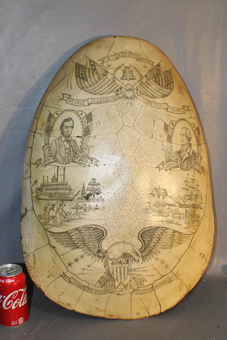 Older Faux Tortoise Shell Scrimshaw: Older faux tortoise shell scrimshaw made out of composite (real neat). Couple of chips on the edge. 17" wide, 24" tall, 5" deep.
