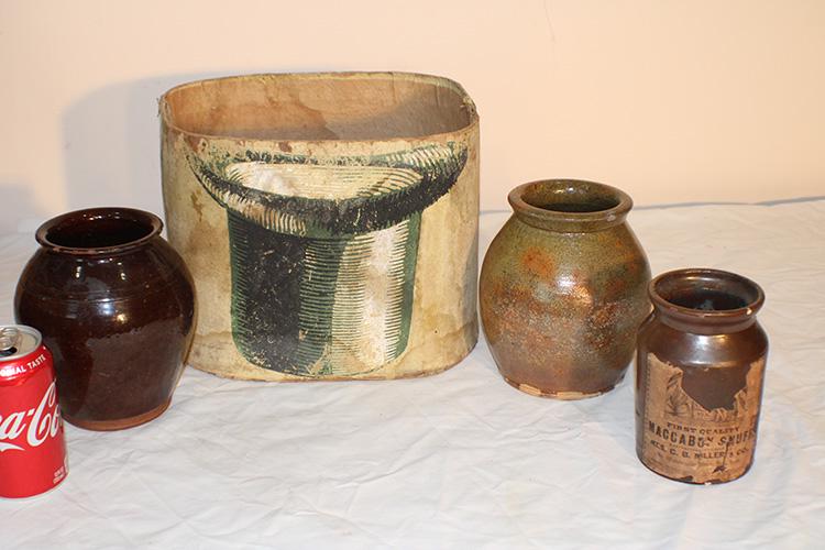 3 Early Redware Crocks and Button to an Early Hat Box (1 of 5)