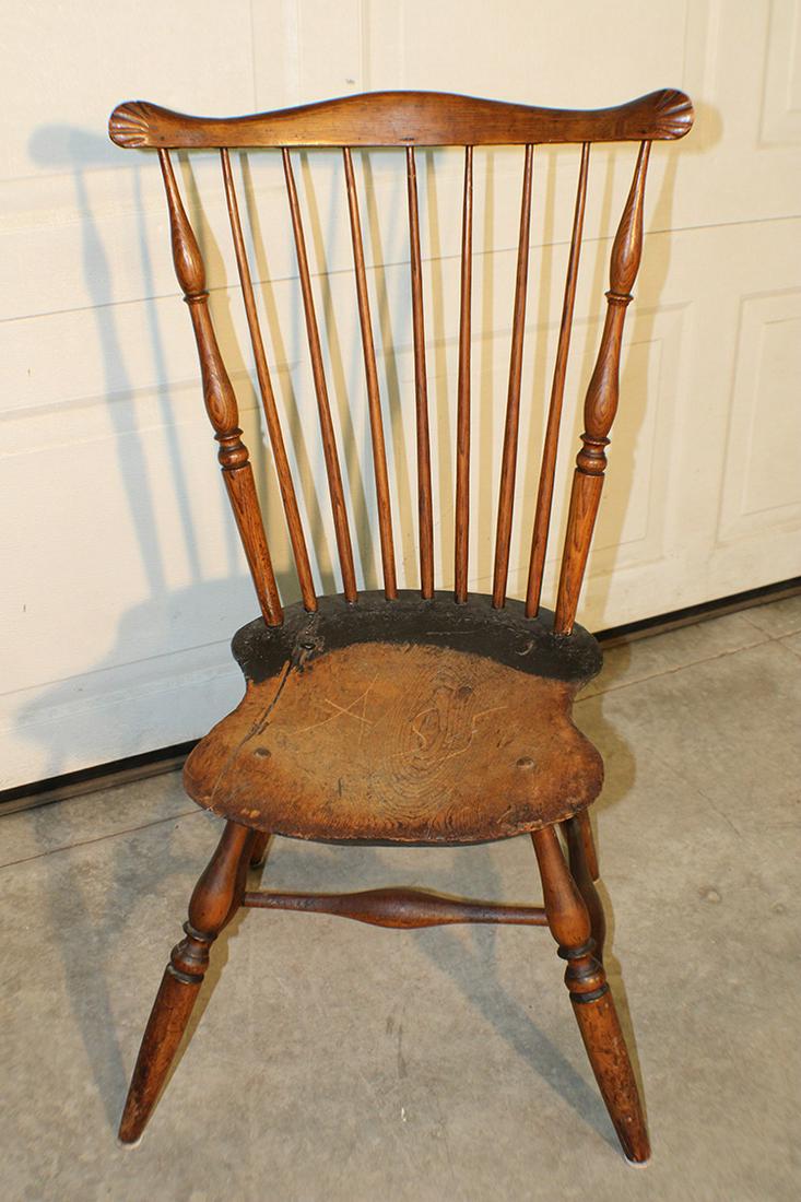 Windsor Chair Stamped A. S. (Abraham Shove): Windsor chair stamped A. S. (Abraham Shove). Has some old color and a crack in the seat. Seat is 14.5" tall. 20" wide, 35" tall, 15" deep.