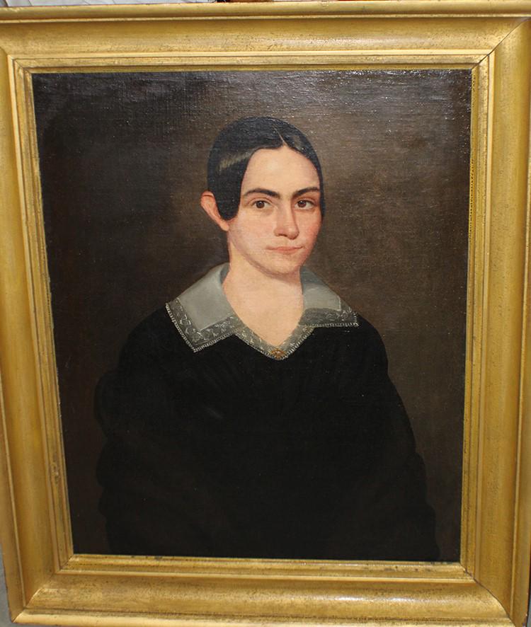Large Oil on Canvas 1840 by Joseph Chandler: Large oil on canvas 1840 by Joseph Chandler. Sitter is Rosanna Mitchell, Williamsburg MA in period frame, relined. Tag on back says on loan from Museum of Fine Arts. Actual painting is 24" wide, 30" t