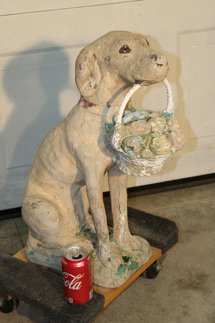 Nice Poured Concrete Dog with Basket: Nice poured concrete dog with basket. Structurally sound, a few cracks on bottom (see photo). Very decorative. 10" wide, 24" tall, 18" deep.