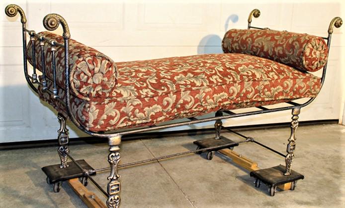 Wonderful Brass and Iron Decorator Window Seat: Wonderful brass and iron decorator window seat with fancy scroll finials in nice condition, good upholstery. 62" wide, 34" tall, 26" deep.