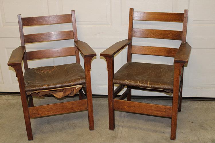 Pair of Original Finish Signed Gustav Stickley Chairs: Pair of original finish signed Gustav Stickley chairs. Pinned with leather seats, 1 seat has cracking and burlap tightened up.