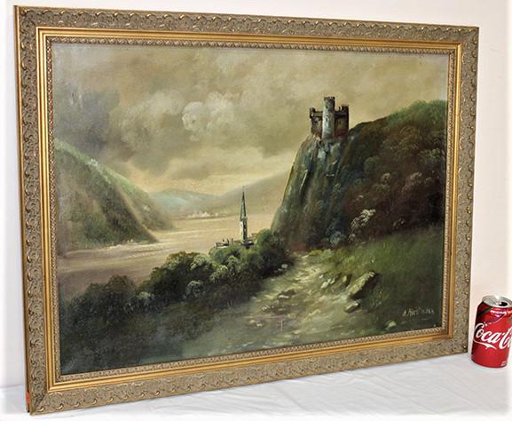 Antique Artist Signed Painting with Castle and River (1 of 5)