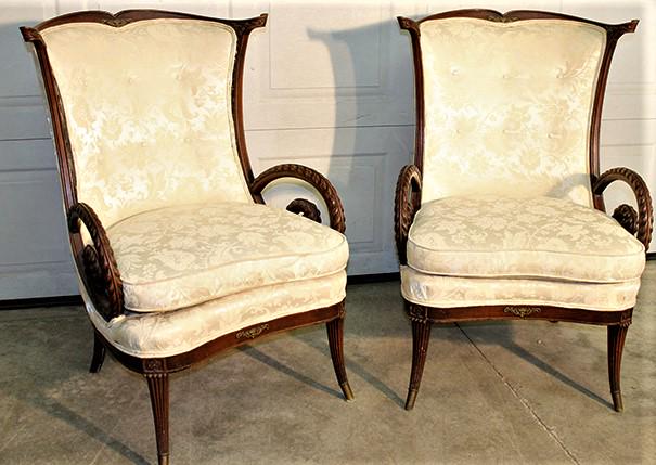 Pair of Fancy Nouveau Style Chairs: Pair of fancy nouveau style chairs. Nicely upholstered with brass mounted ormolu, finish is good but could be buffed out to make them real nice. 28" wide, 43" tall, 32" deep.