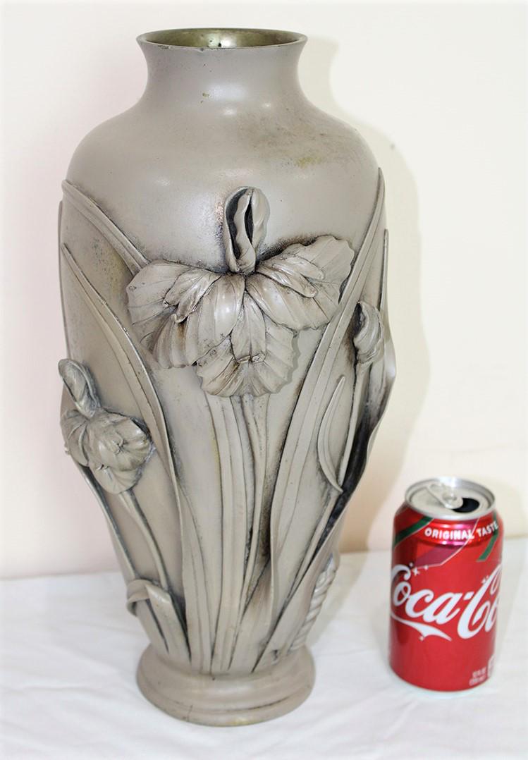 15" Bronze Meiji Vase with Floral Front: 15" bronze Meji vase with floral front. Has a repaid on bottom (see photo).