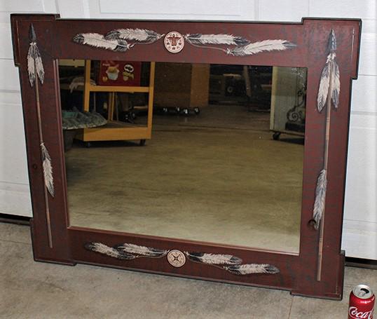 Hand Painted Mirror with Indian Motif: Hand painted mirror with Indian motif marked "The Toad Hall Collection 1991" on the back. 40" wide, 32" tall.