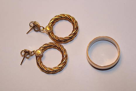 14k Gold Earrings and Wedding Band: 14k Gold earrings and wedding band. 8.3 DWT.