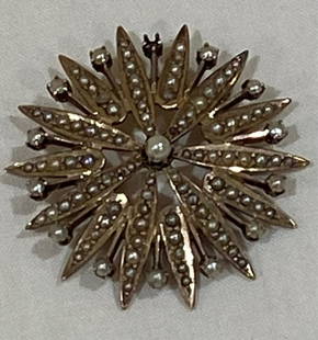 14k Gold and Pearl Starburst Pin: 14k gold and pearl starburst pin. Missing 3 small pearls. Total weight 3.9 DWT.