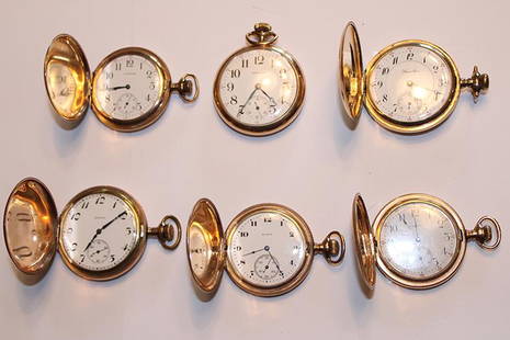 6 Gold Filled Pocket Watches, 5 Hunter Cases (Working): 6 gold filled pocket watches, 5 Hunter cases. All working and nice. (3) Waltham's, (2) Elgin's, (1) Hamilton.