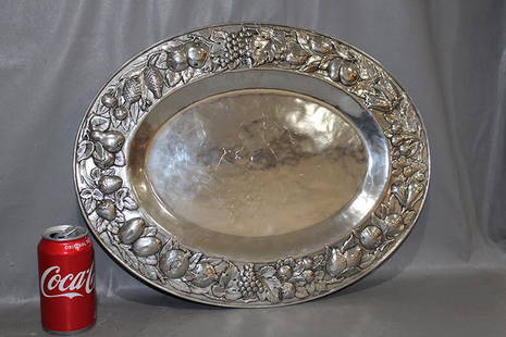 Fabulous Sterling Silver 6 lb. Tray with Fruit All: Fabulous sterling silver 6 lb. tray with fruit all around. Hall marked and hand made. No monograms. 19" wide, 15" long.