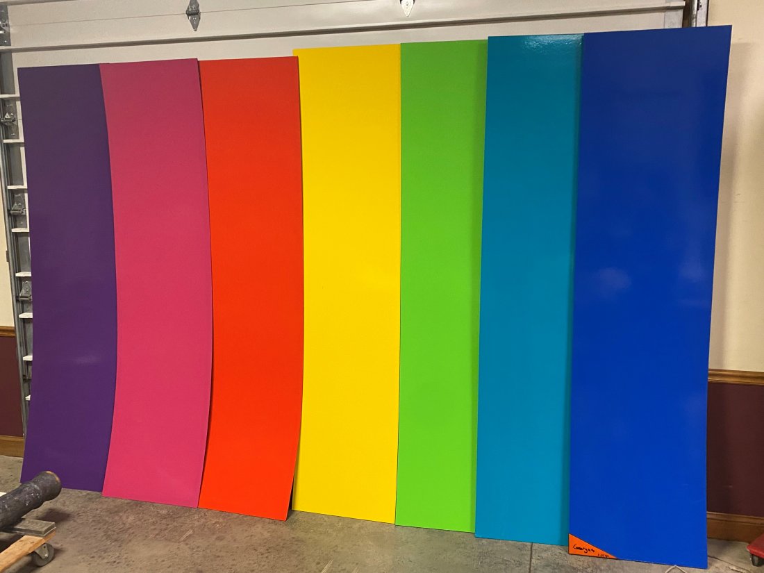 7 Piece Mid Century Wall Made of Masonite Material: 7 piece mid century wall made of Masonite material. Multicolor, sets up perfectly on the wall. Each piece is 2' wide, 8' tall.