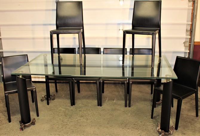 High End Glass and Leather Table and Chairs by Cattelan: High end glass and leather table and chairs by Cattelan Italia. Marked Corum Italy in excellent condition. Table is 79" wide, 30" tall, 42" deep.