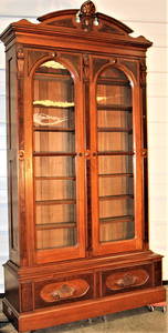 Monumental Walnut Victorian Burled 2 Door Stepback