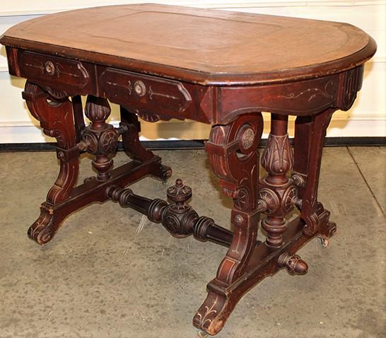 Renaissance Victorian Leather Top Partners Desk: Renaissance Victorian leather top partners desk with burled trim and fancy carved base. 48" wide, 31" tall, 28" deep.