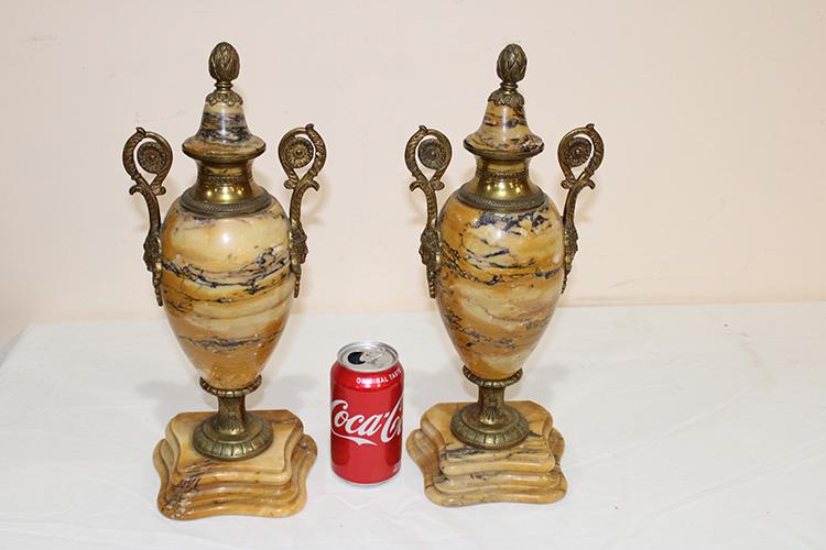 Great Pair of 16" Marble and Bronze Mantel Pieces: Great pair of 16" marble and bronze mantel pieces with nouveau women in nice condition. 6" wide, 16" tall.