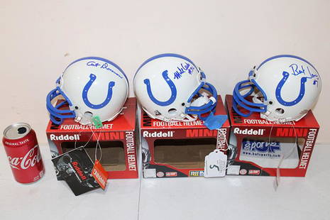 3 Signed Mini Indianapolis Colts Riddell Mini Helmets: 3 signed mini Indianapolis Colts Riddell mini helmets. 60 year collection.