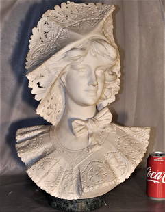 Fabulous Marble Bust of a Woman Signed Pugi Firenze: Fabulous marble bust of a woman signed Pugi Firenze. Very pretty with a reticulated hat in nice condition. 15" wide, 21" tall, 9" deep.