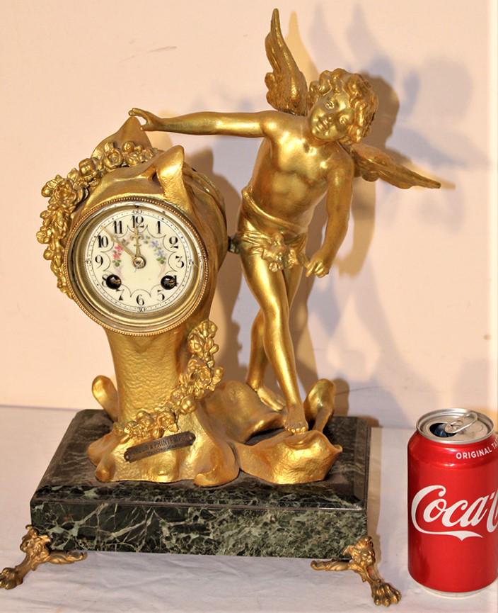 French Figural Mantel Clock with Cupid, Porcelain Face (1 of 4)