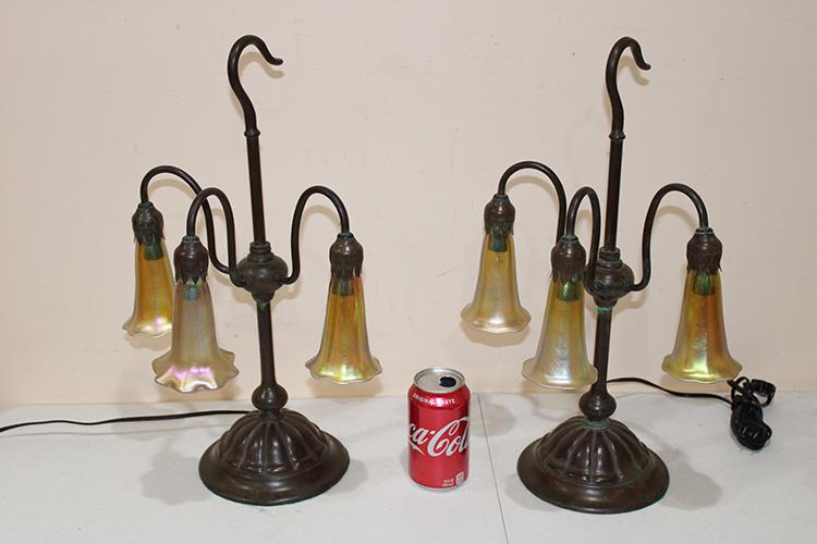 Pair of Bronze Tiffany Style Lily Lamps (1 of 3)