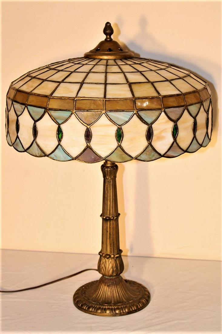 Signed Sail Brother's Multi-Color Leaded Lamp: Signed sail Brother's multi-color leaded lamp. Bronze leading in nice condition. 16" wide, 24" tall.