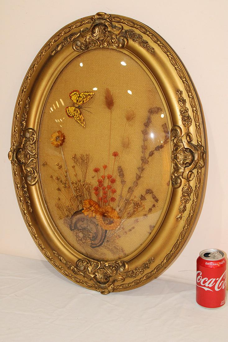 Super Butterfly and Floral Arrangement in Great Gilded: Super butterfly and floral arrangement in great gilded frame with convex glass. All in nice condition. 19" wide, 26" tall.
