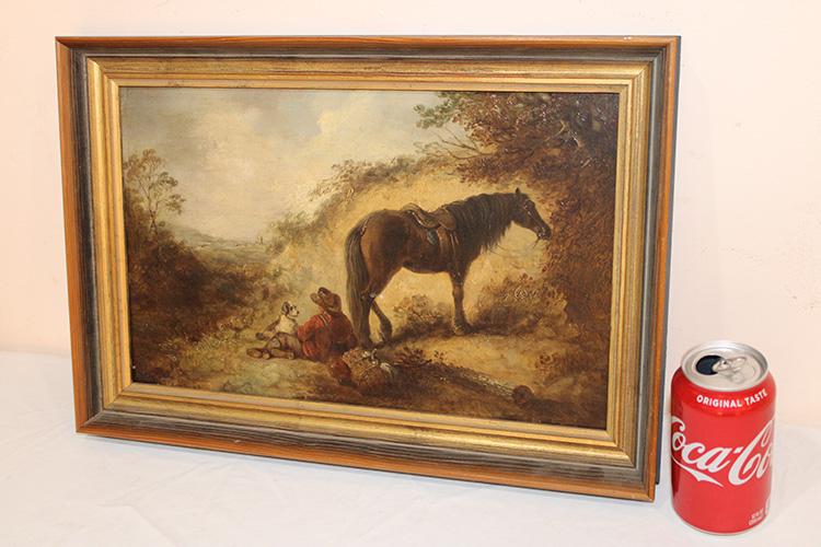 Unsigned 19th C. Oil Painting on Panel Man with Horse (1 of 4)