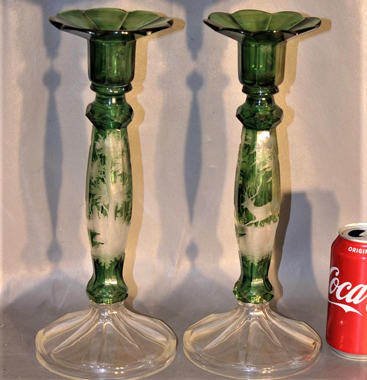 Fabulous Pair of 13" Art Glass Acid Cut Scenic (1 of 7)